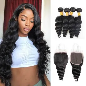 Wavymy Virgin Human Hair Weave Loose Wave 4 Bundles with 4x4 Lace Closure