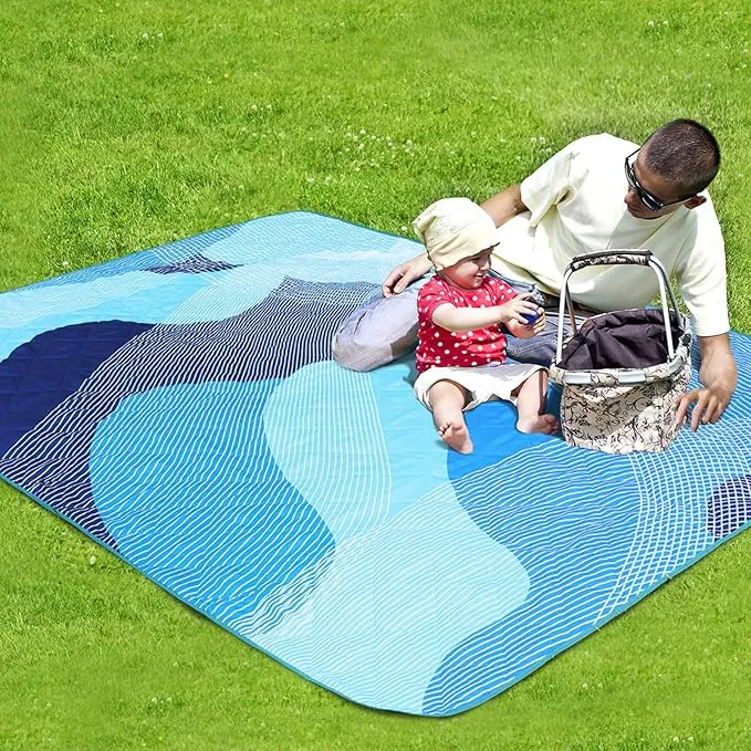Whale Flotilla Extra Large Outdoor Picnic Blanket (60”x80”), Foldable Waterproof Sand Beach Mat Camping Blankets, Lightweight Soft Handy Mat Tote for Park Hiking Travel, Blue