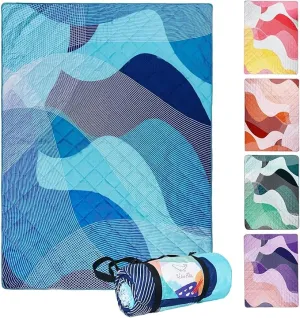 Whale Flotilla Extra Large Outdoor Picnic Blanket (60”x80”), Foldable Waterproof Sand Beach Mat Camping Blankets, Lightweight Soft Handy Mat Tote for Park Hiking Travel, Blue