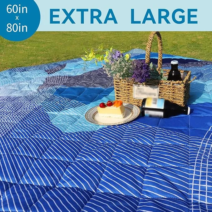 Whale Flotilla Extra Large Outdoor Picnic Blanket (60”x80”), Foldable Waterproof Sand Beach Mat Camping Blankets, Lightweight Soft Handy Mat Tote for Park Hiking Travel, Blue
