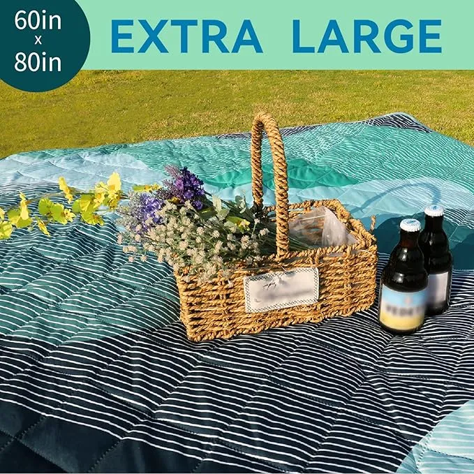 Whale Flotilla Extra Large Outdoor Picnic Blanket (60”x80”), Foldable Waterproof Sand Beach Mat Camping Blankets, Lightweight Soft Handy Mat Tote for Park Hiking Travel, Green