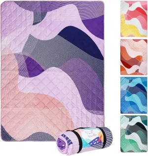 Whale Flotilla Extra Large Outdoor Picnic Blanket (60”x80”), Foldable Waterproof Sand Beach Mat Camping Blankets, Lightweight Soft Handy Mat Tote for Park Hiking Travel, Purple