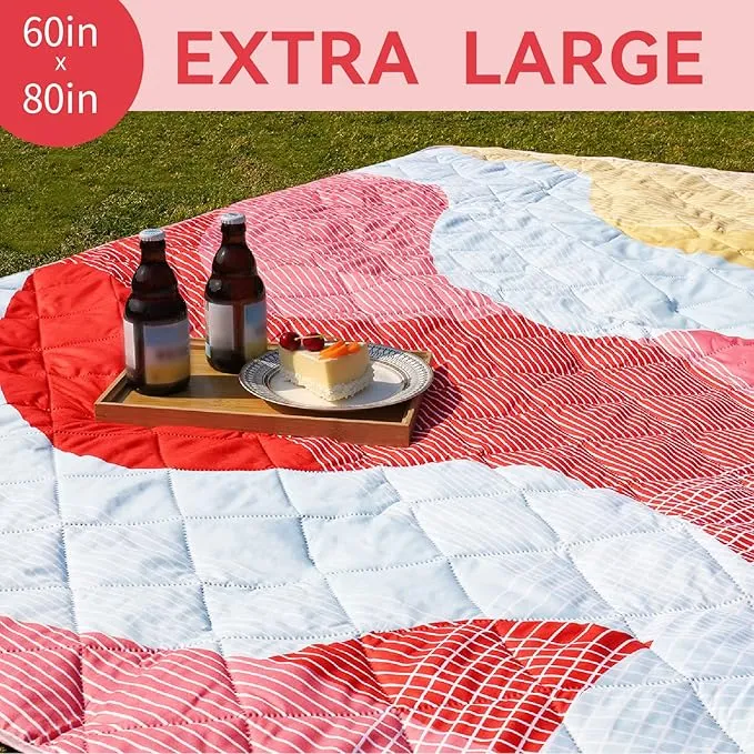 Whale Flotilla Extra Large Outdoor Picnic Blanket (60”x80”), Foldable Waterproof Sand Beach Mat Camping Blankets, Lightweight Soft Handy Mat Tote for Park Hiking Travel, Red