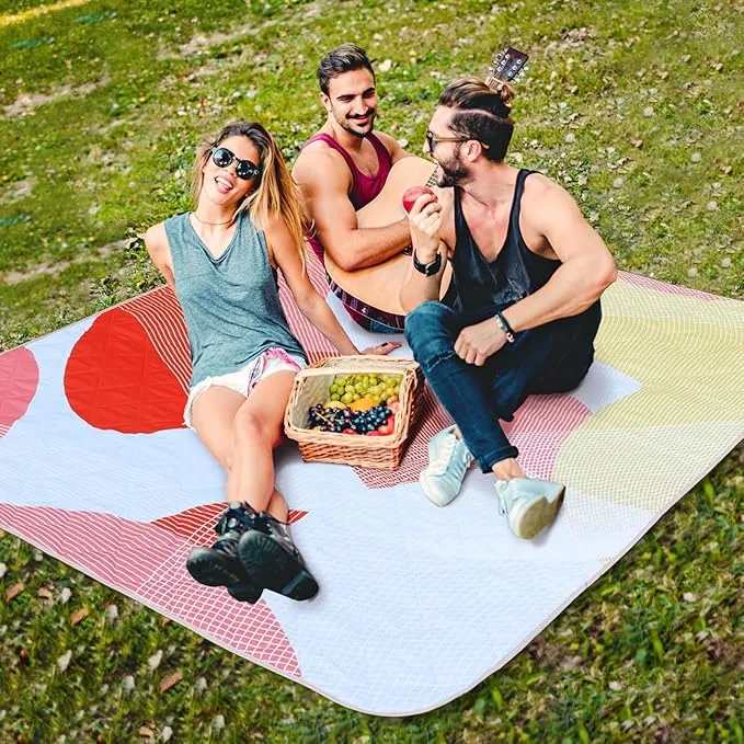 Whale Flotilla Extra Large Outdoor Picnic Blanket (60”x80”), Foldable Waterproof Sand Beach Mat Camping Blankets, Lightweight Soft Handy Mat Tote for Park Hiking Travel, Red