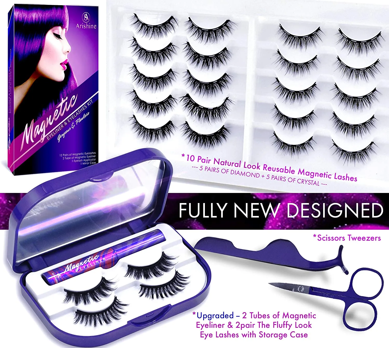 Wholesale Arishine 3D 5D Magnetic Eyelashes with Eyeliner Kit 12 pairs