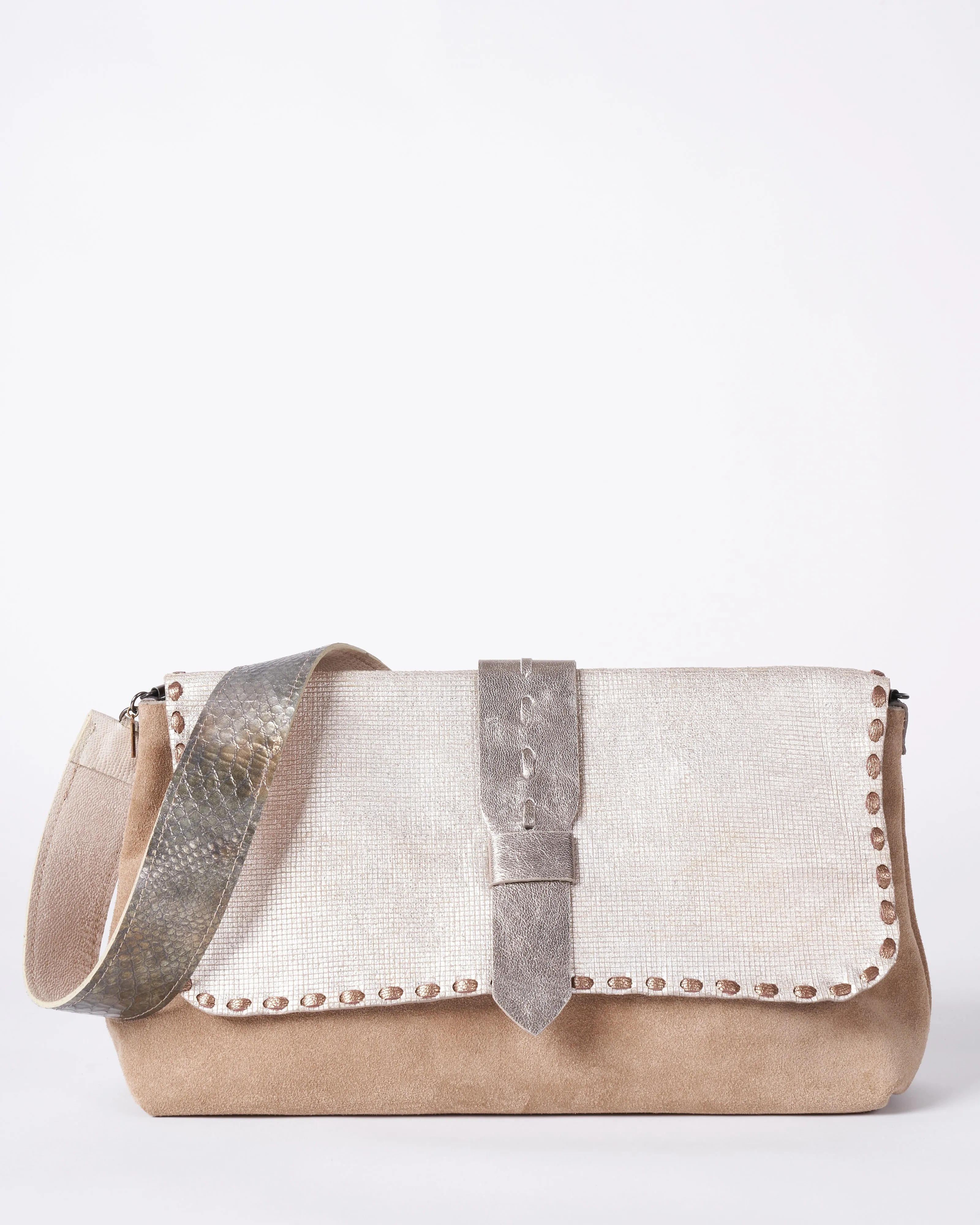 wide clutch - khaki & silver suede and embossed