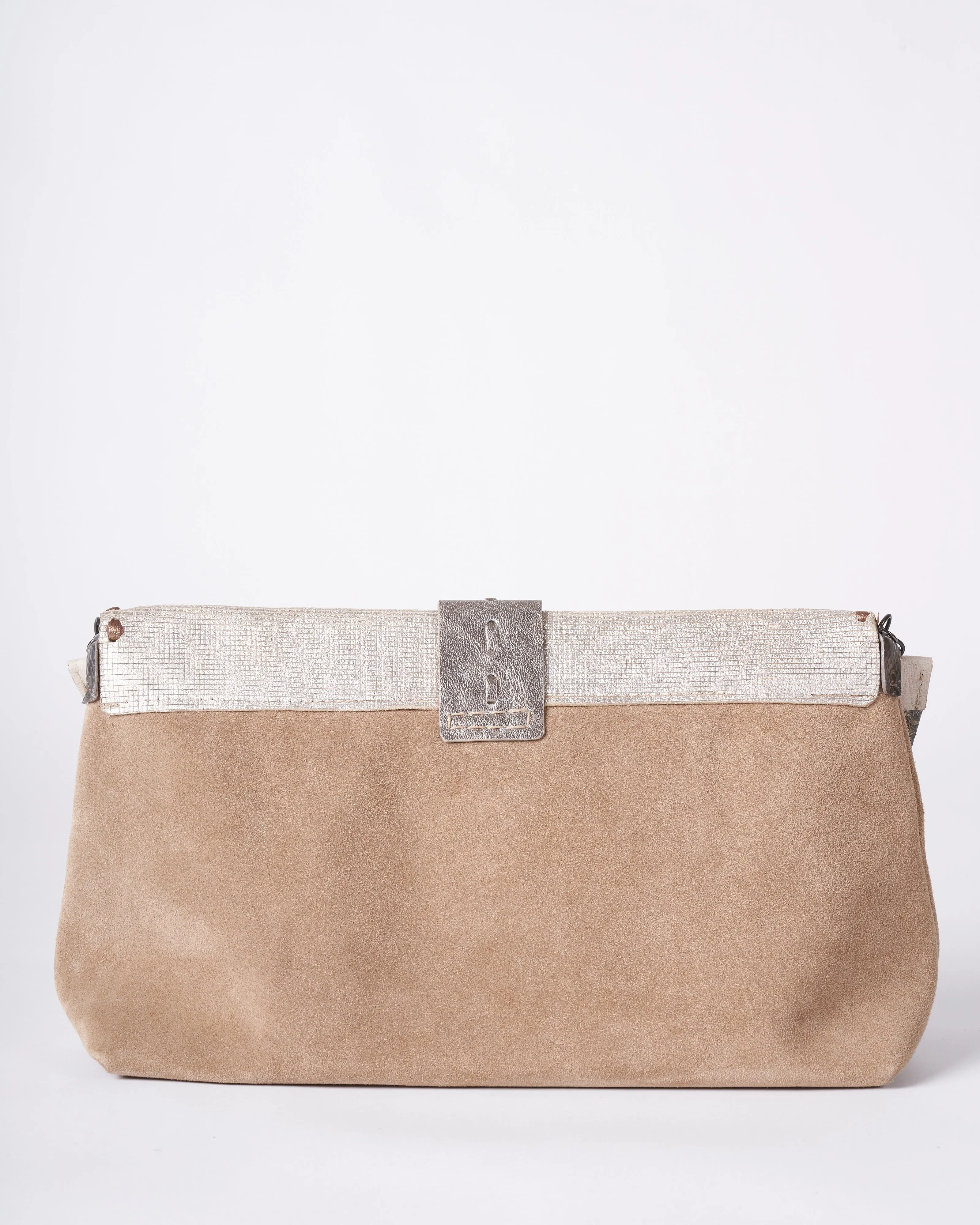 wide clutch - khaki & silver suede and embossed