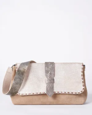 wide clutch - khaki & silver suede and embossed
