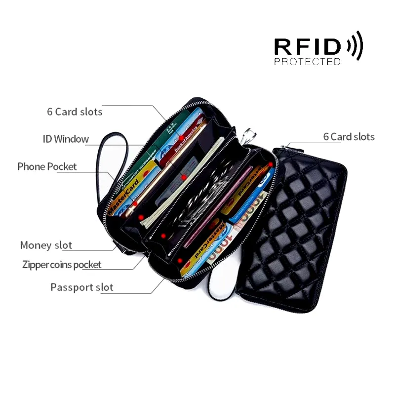 Women Clutch Sheepskin RFID Long Wallet Phone Bag