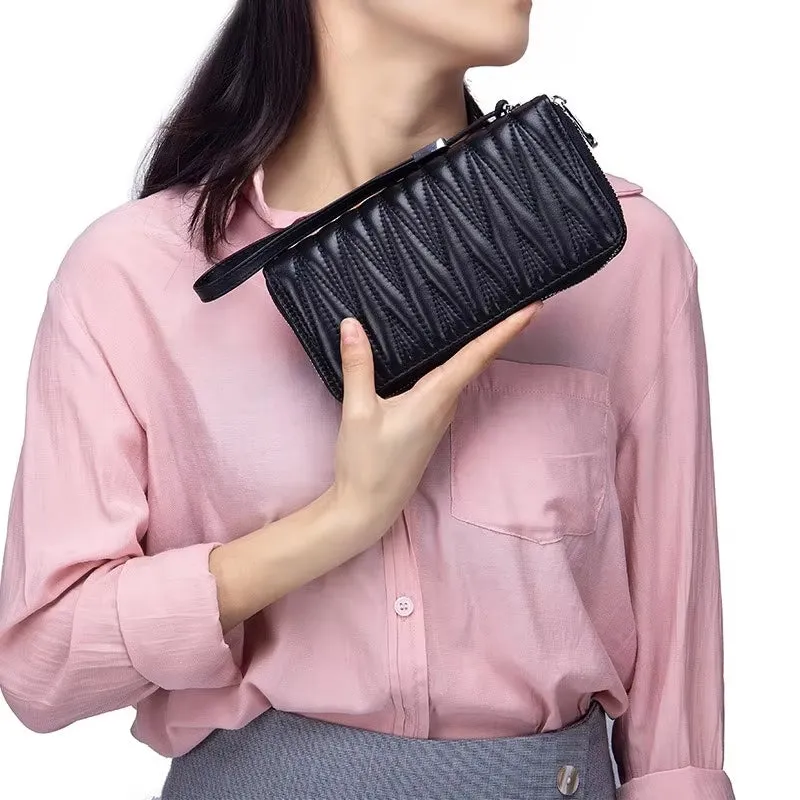 Women Clutch Sheepskin RFID Long Wallet Phone Bag