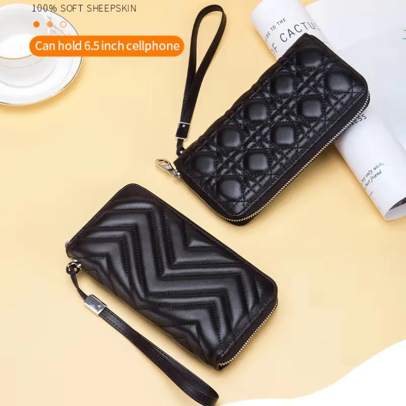 Women Clutch Sheepskin RFID Long Wallet Phone Bag