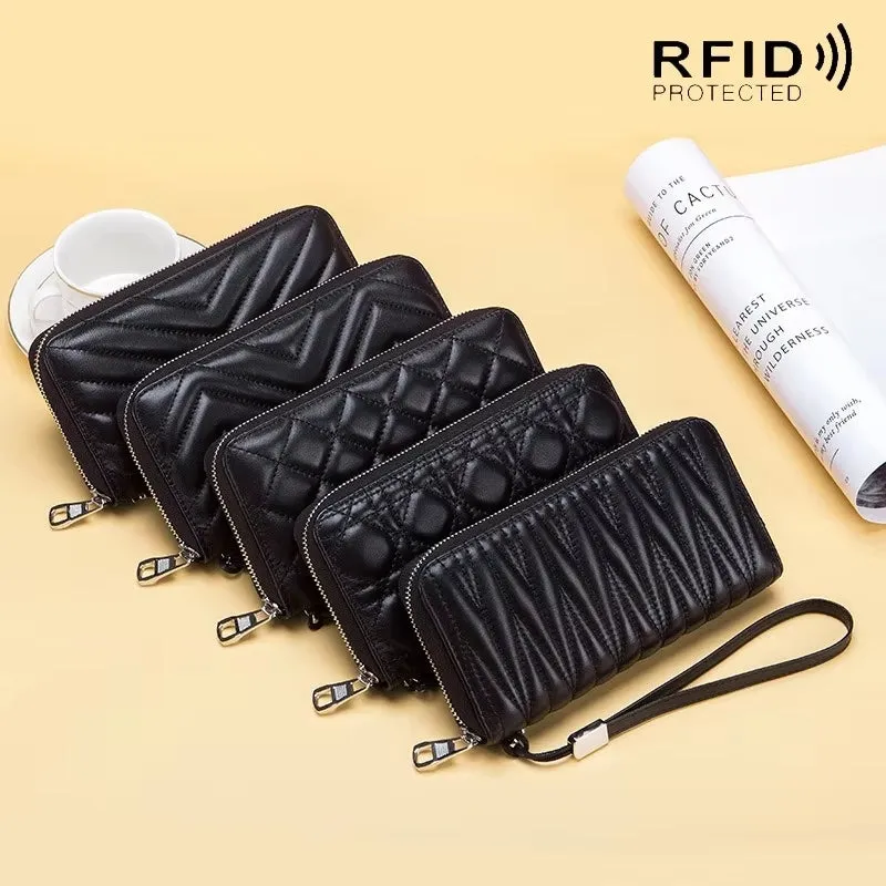 Women Clutch Sheepskin RFID Long Wallet Phone Bag