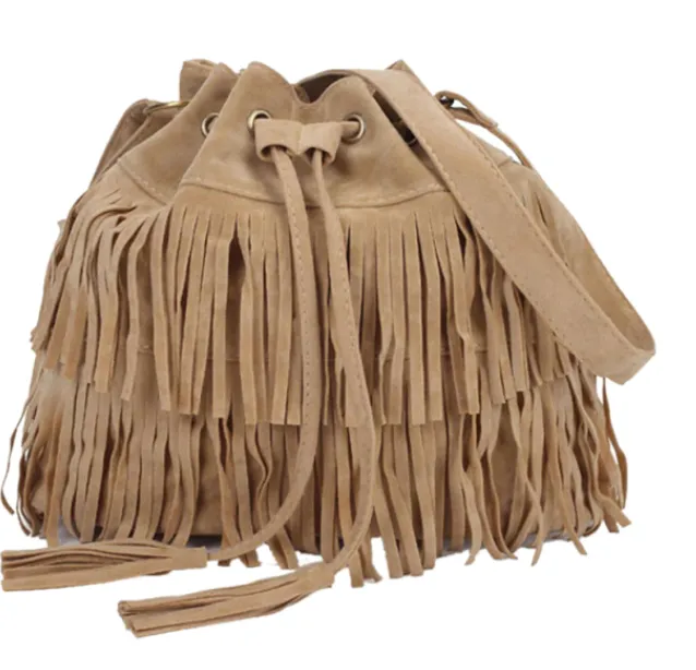 Women Suede Drawstring Bucket Bag Women vintage Handbag Faux Fringe Tassel Shoulder bags lady Messenger Bag WHC7521