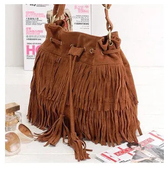 Women Suede Drawstring Bucket Bag Women vintage Handbag Faux Fringe Tassel Shoulder bags lady Messenger Bag WHC7521