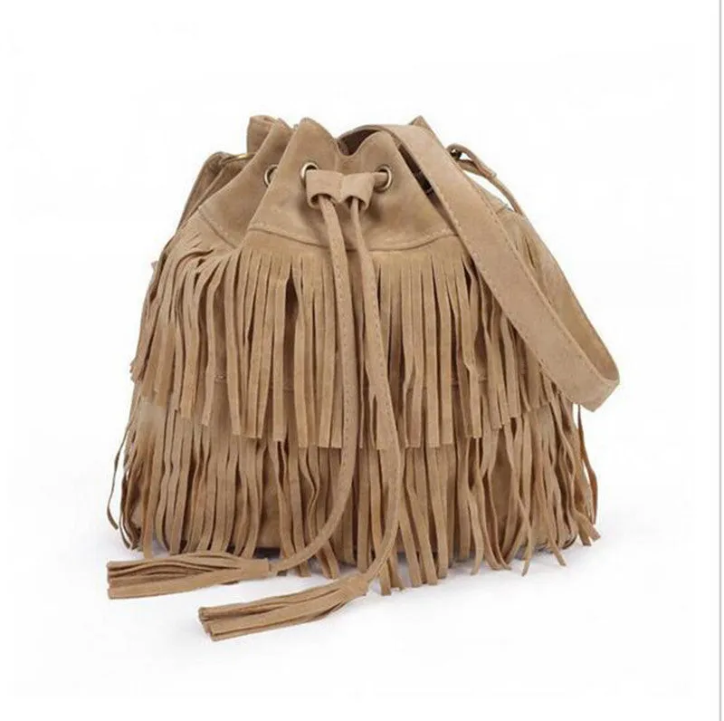 Women Suede Drawstring Bucket Bag Women vintage Handbag Faux Fringe Tassel Shoulder bags lady Messenger Bag WHC7521