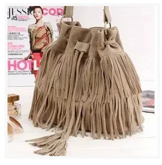 Women Suede Drawstring Bucket Bag Women vintage Handbag Faux Fringe Tassel Shoulder bags lady Messenger Bag WHC7521