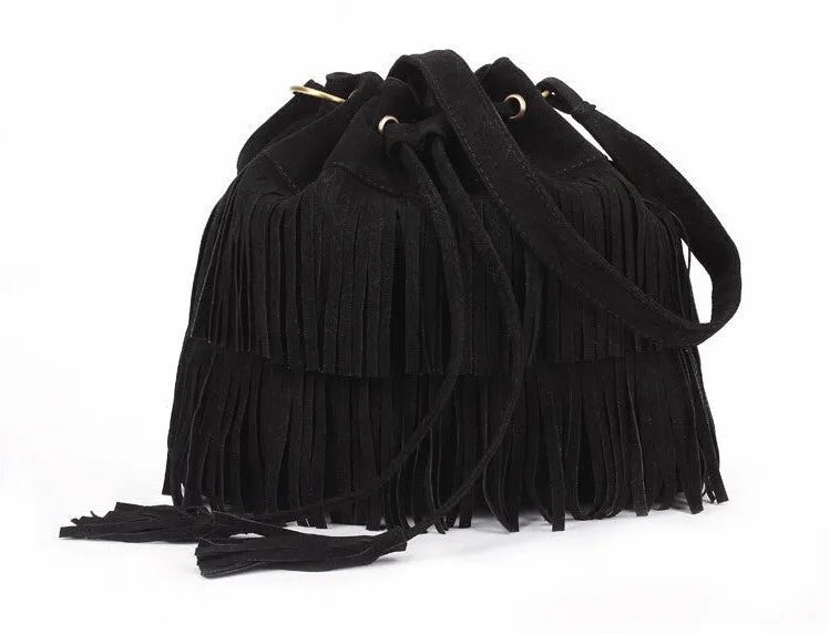 Women Suede Drawstring Bucket Bag Women vintage Handbag Faux Fringe Tassel Shoulder bags lady Messenger Bag WHC7521