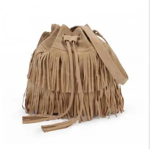 Women Suede Drawstring Bucket Bag Women vintage Handbag Faux Fringe Tassel Shoulder bags lady Messenger Bag WHC7521