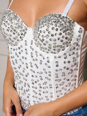 WOMEN'S SLEEVELESS REMOVABLE STRAPS SEQUINS DETAILED BUSTIER TOP