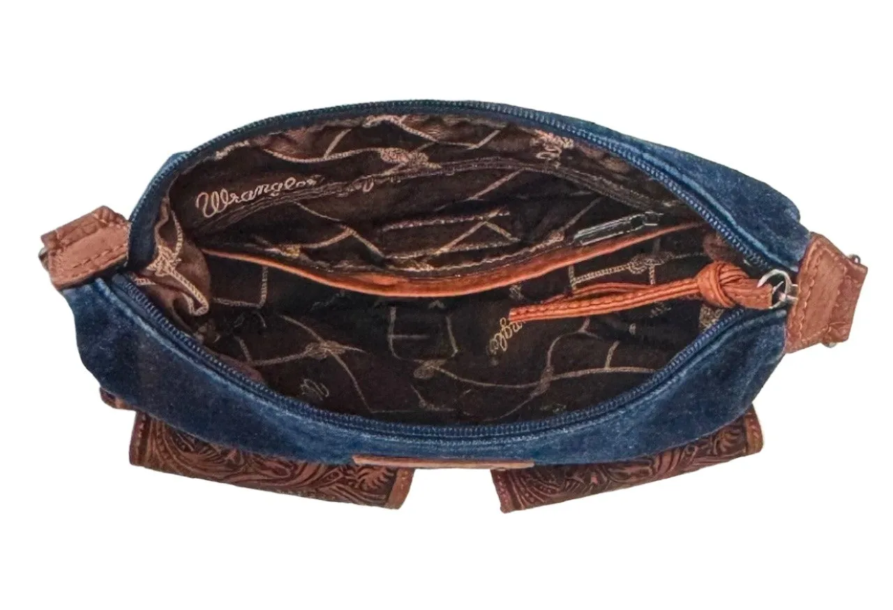 Wrangler Chaser Denim Purse with Floral Tooled Magnetic Front Pockets