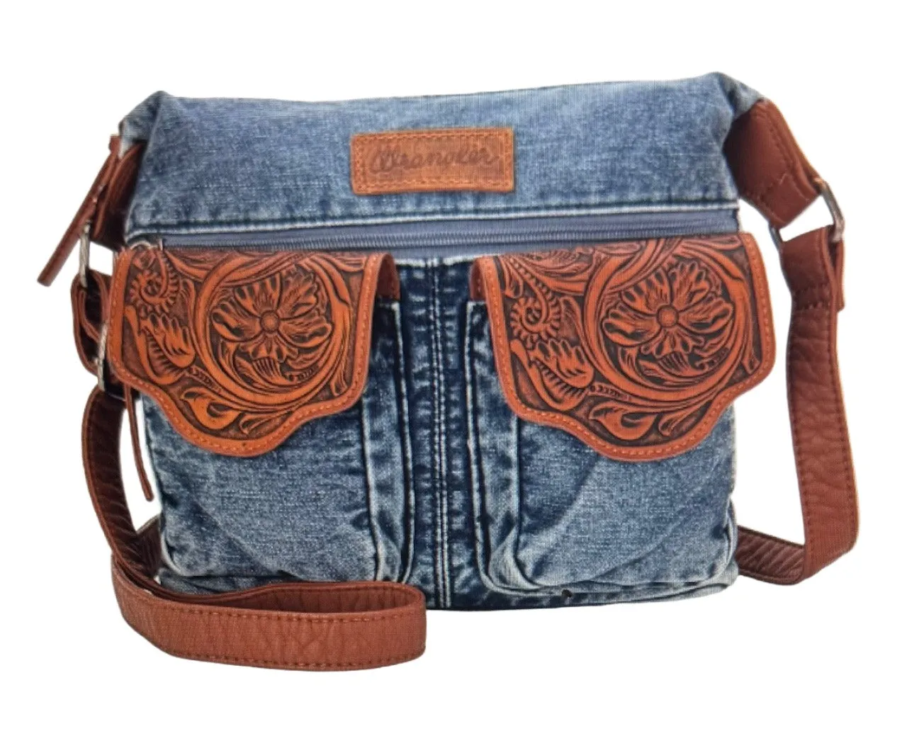Wrangler Chaser Denim Purse with Floral Tooled Magnetic Front Pockets