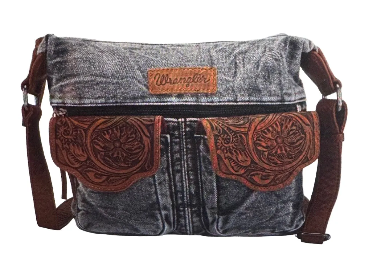 Wrangler Chaser Denim Purse with Floral Tooled Magnetic Front Pockets