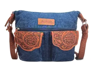 Wrangler Chaser Denim Purse with Floral Tooled Magnetic Front Pockets